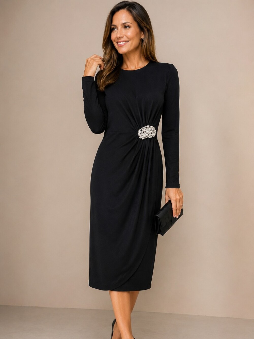 Maggy London Black Jeweled Ruched Long Sleeve Midi Dress Size 2